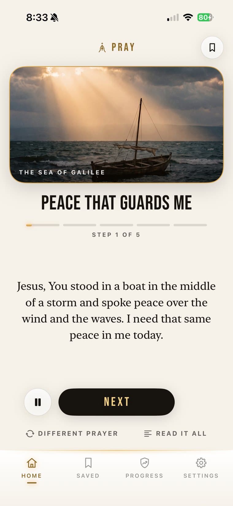 PrayBreak PRAY step — the guided prayer Peace That Guards Me, set at the Sea of Galilee, on step 1 of 5: "Jesus, You stood in a boat in the middle of a storm and spoke peace over the wind and the waves. I need that same peace in me today."