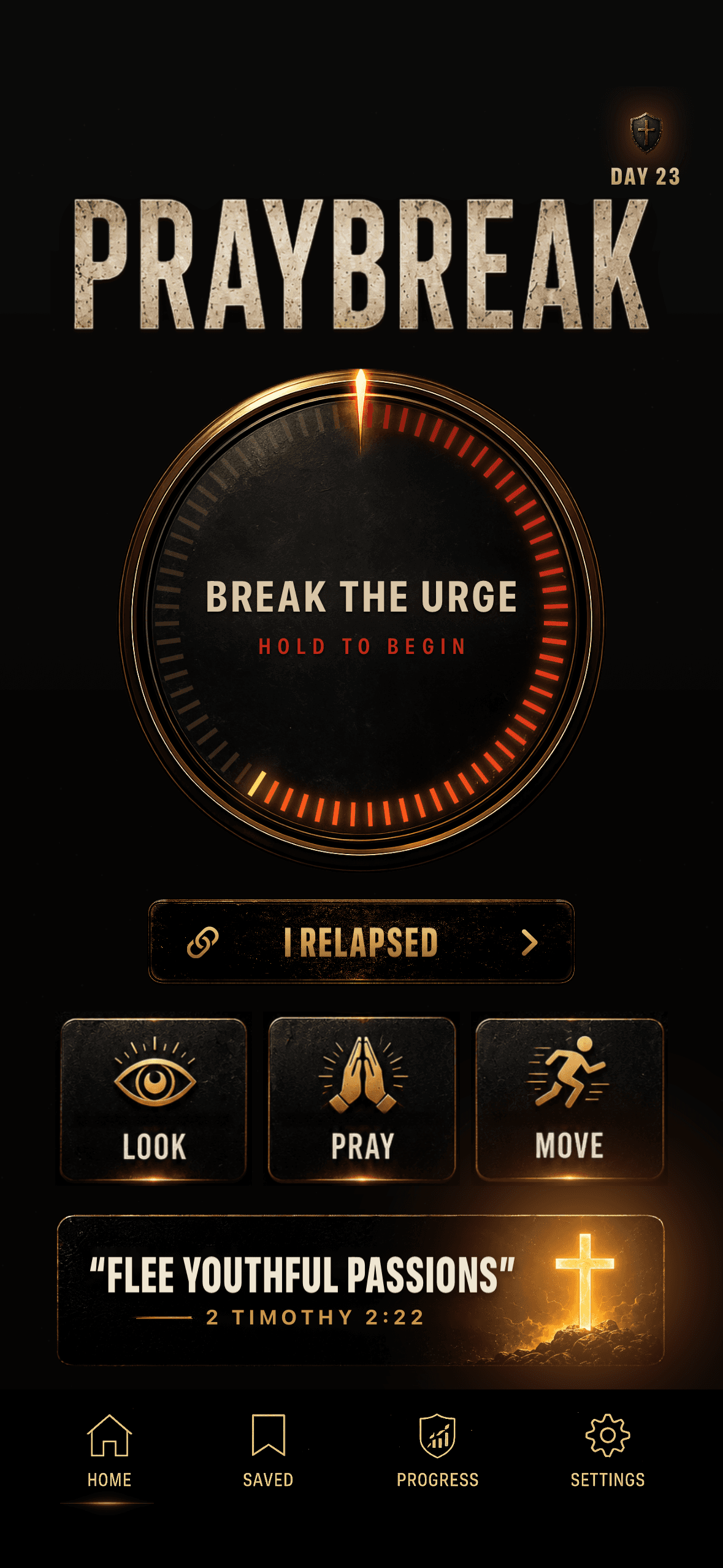 PrayBreak app HOLD screen with a countdown ring guiding a ten-second hold to break a nighttime urge