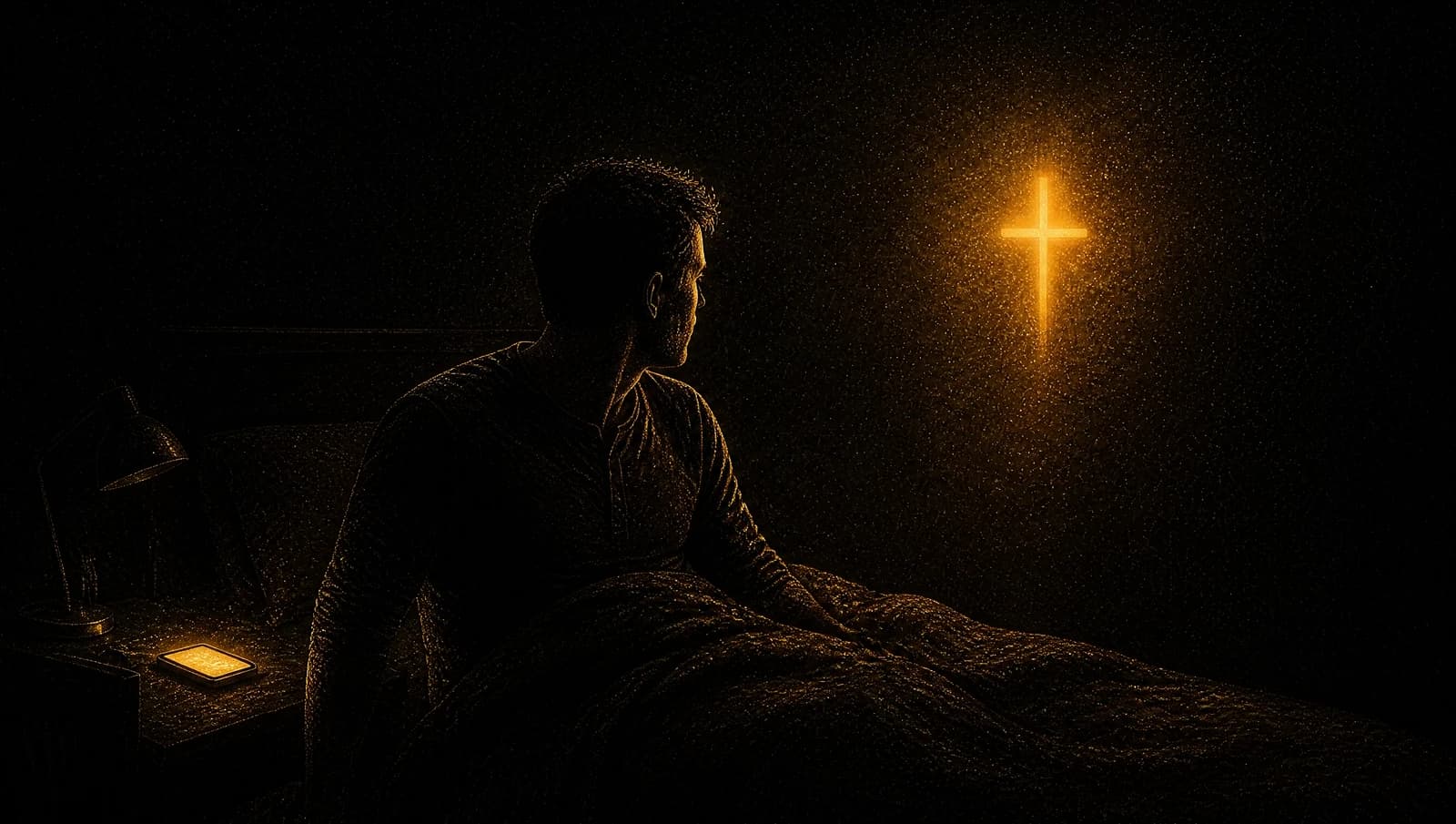 A man sitting up in a dark bed turning away from his glowing phone toward a small cross of light on the wall — stopping lustful thoughts at night.