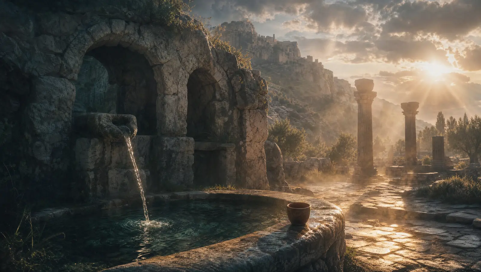 A first-century stone fountain-house in Corinth at sunrise, clear water pouring into a carved basin with the Acrocorinth rising in haze behind — the city whose church Paul told it had been washed.