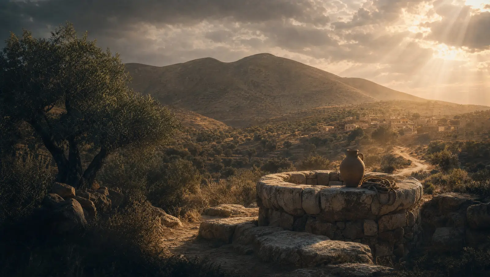 An ancient stone well at Sychar in the Samaritan hills, a clay water jar resting on its worn rim in late golden light.