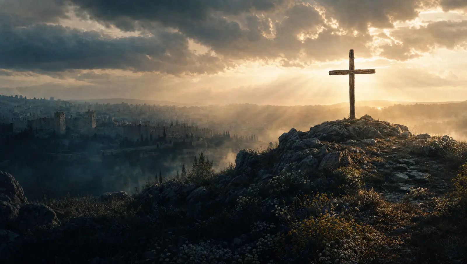 A wooden cross on a rocky hilltop outside Jerusalem at sunrise, light breaking through the clouds: praying against lust at the foot of the cross.