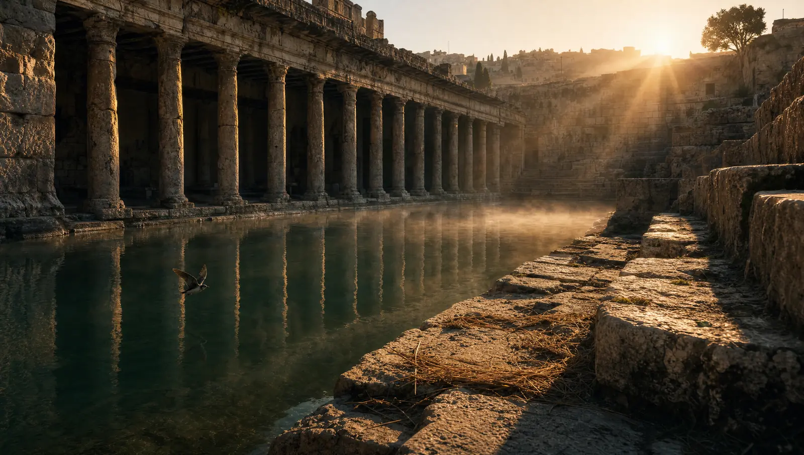 Worn stone steps rising out of the still water of the Pool of Bethesda toward a sunlit colonnade at dawn, a few strands of straw left where a sleeping mat once lay.
