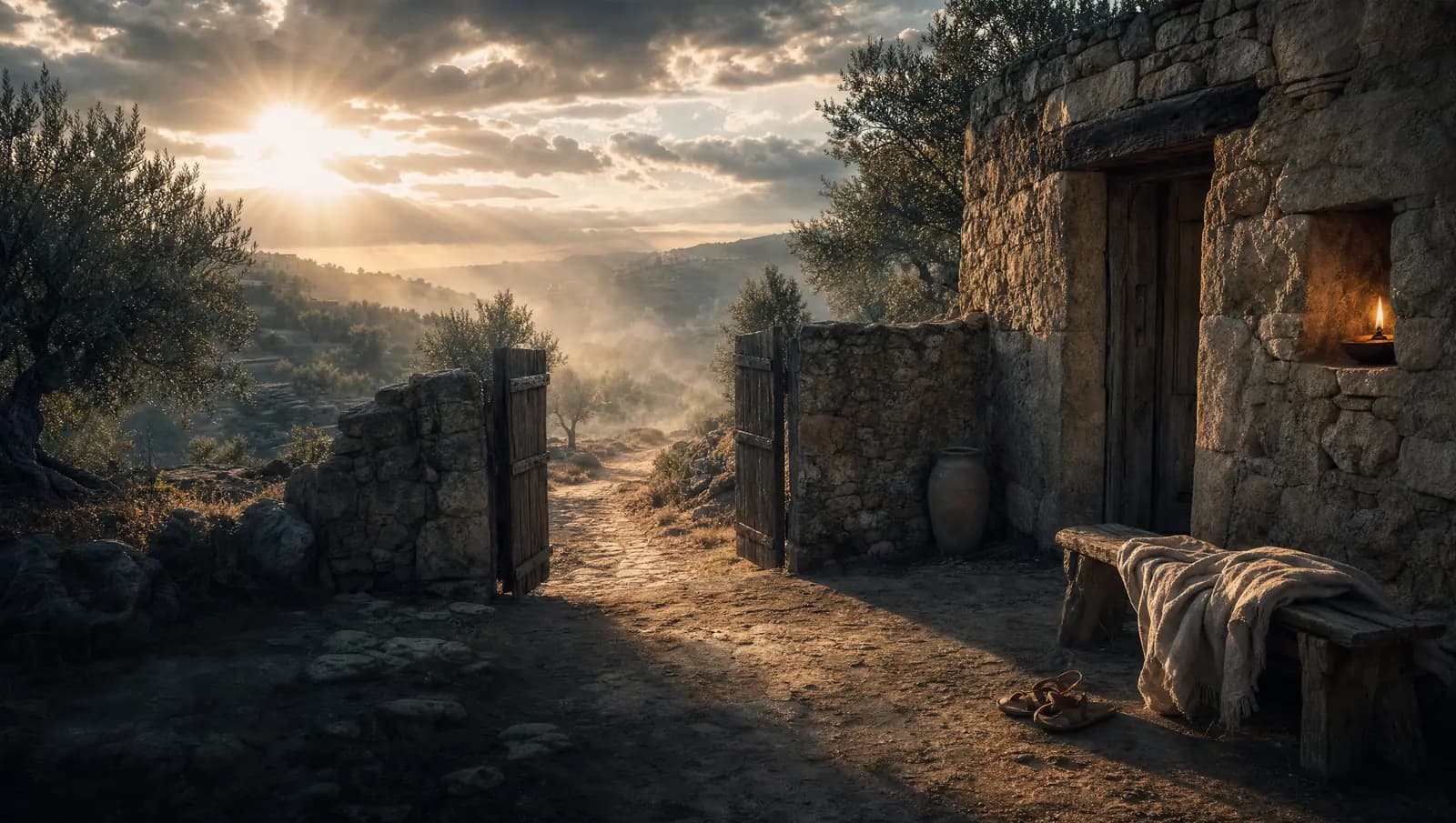 The courtyard gate of a stone farmhouse standing open at dawn onto a dusty hill road, an oil lamp still lit in the window and a robe laid on a bench: the father's house in Luke 15, where the way back is open.