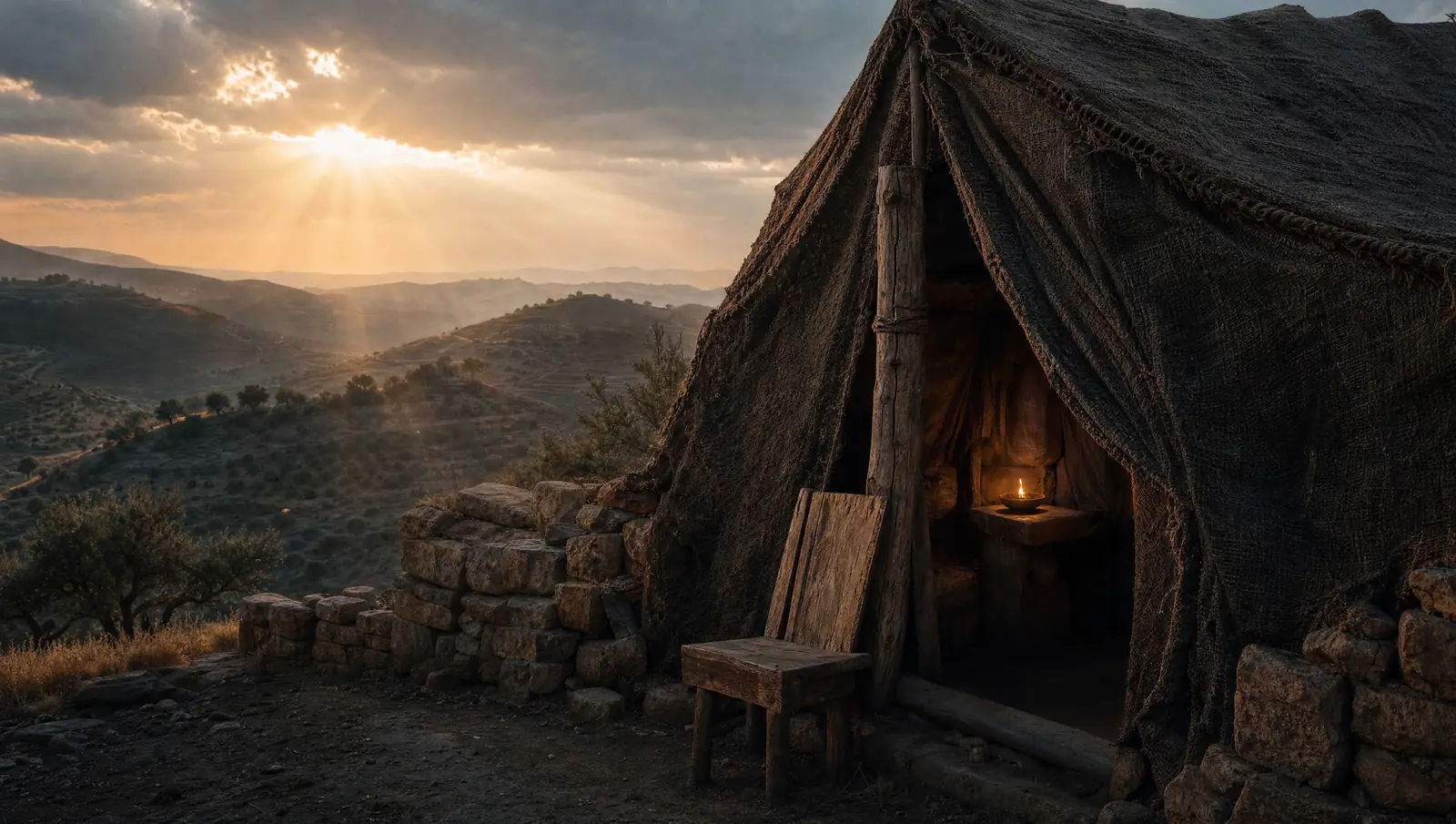 The courtyard of the tabernacle at Shiloh at night, one oil lamp burning beside a wooden doorpost and an empty stone seat, where Hannah poured out her soul to the Lord.