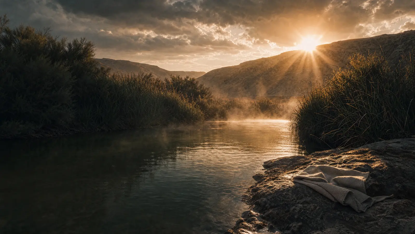 A bend of the Jordan River at sunrise, mist lifting off the water between reeds, a folded linen cloth on a flat stone at the water's edge, light breaking over the hills.
