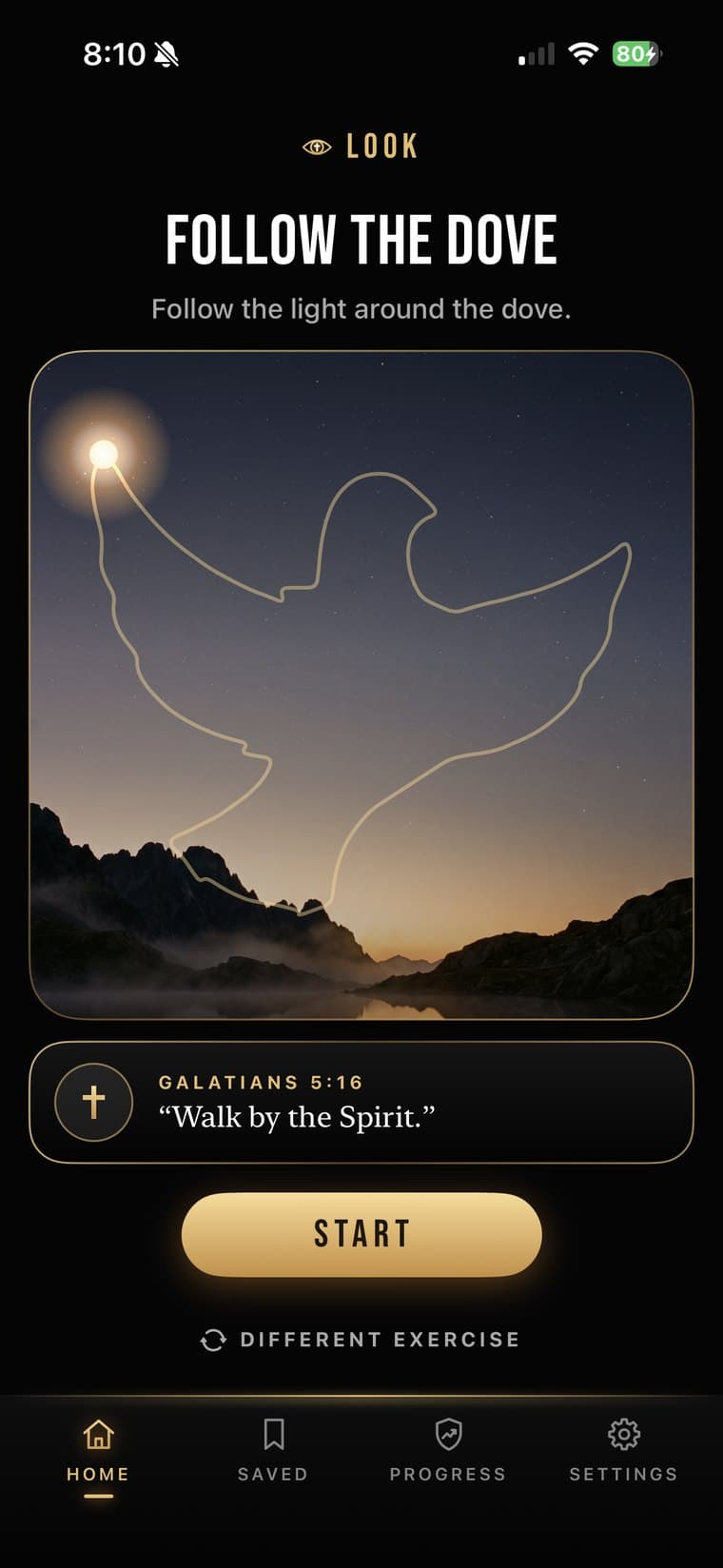 PrayBreak LOOK screen: Follow the Dove, “Follow the light around the dove,” a point of light on a dove outline above mountains at dusk, Galatians 5:16 “Walk by the Spirit,” a Start button, and Different exercise