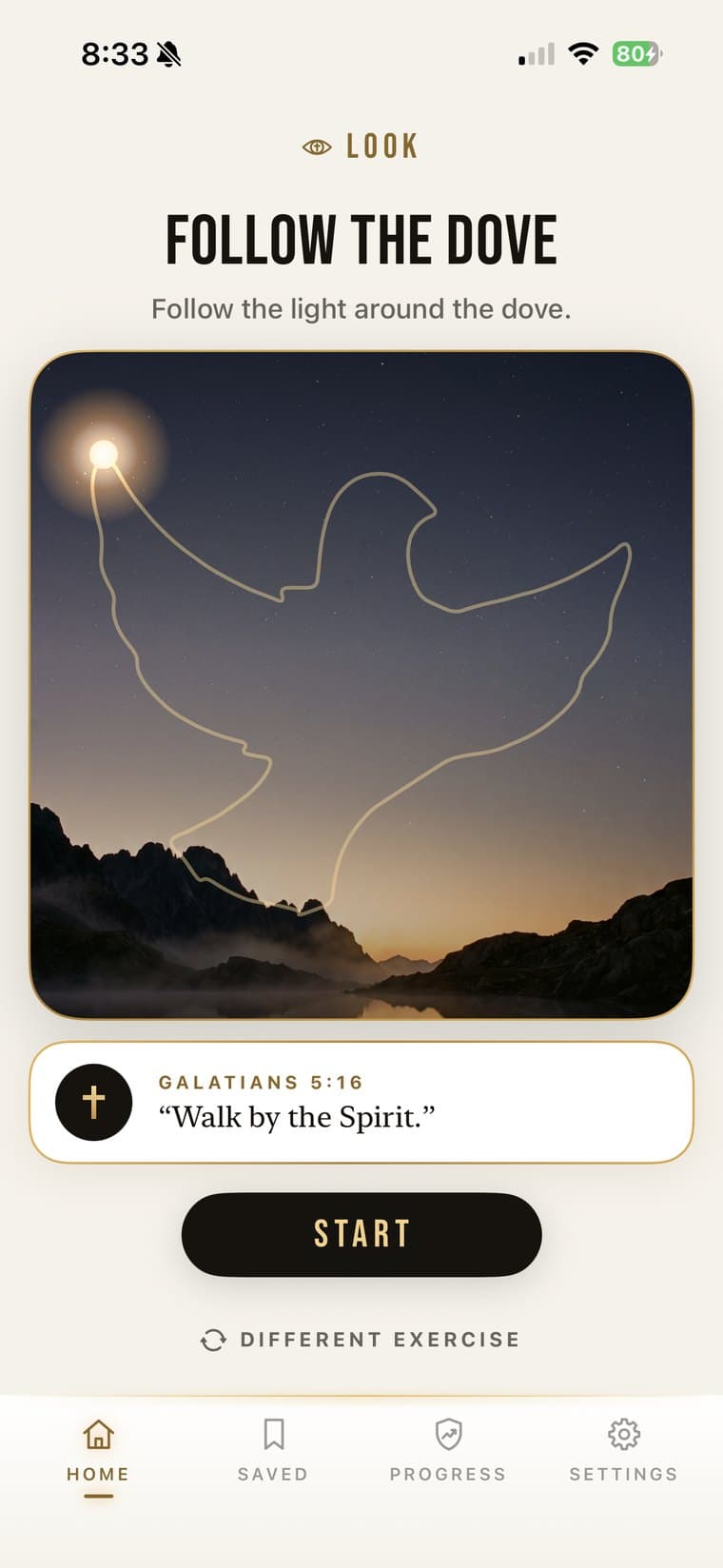 PrayBreak LOOK screen in light mode: Follow the Dove, “Follow the light around the dove,” a point of light on a dove outline above mountains at dusk, Galatians 5:16 “Walk by the Spirit,” a Start button, and Different exercise
