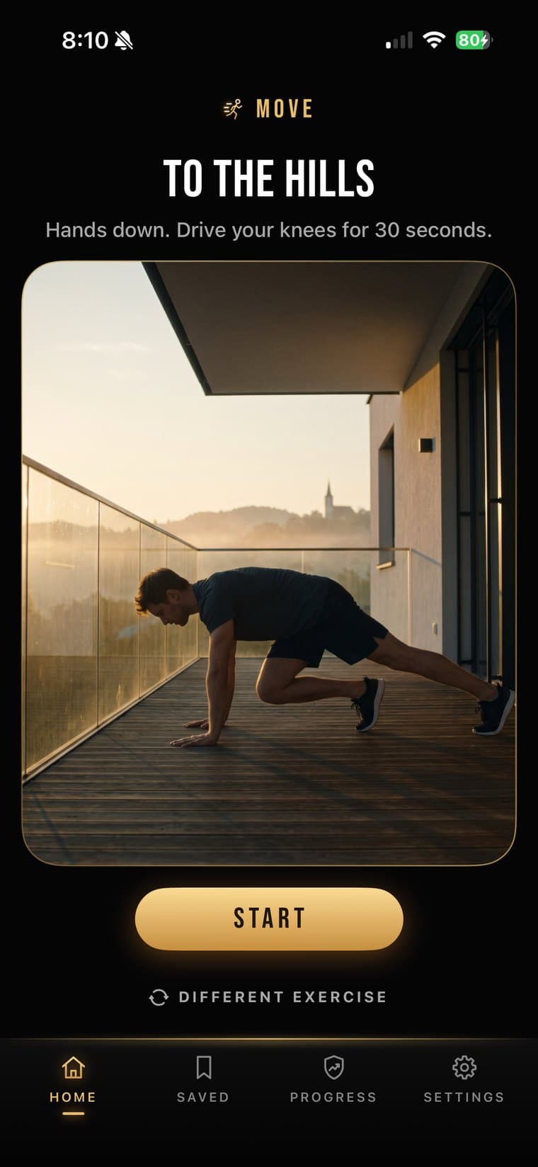 PrayBreak MOVE screen: To the Hills, “Hands down. Drive your knees for 30 seconds,” with a photo of a man doing knee drives on a balcony, a Start button, and Different exercise