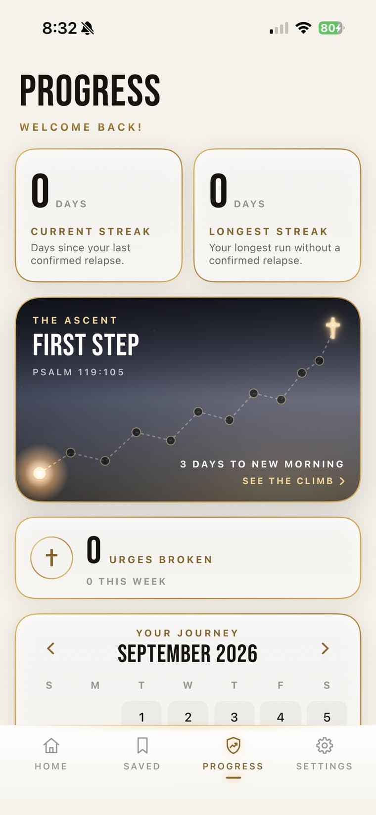 PrayBreak Progress screen: current streak and longest streak at 0 days, The Ascent at its first milestone, First Step, with 3 days to New Morning, Urges Broken at 0, and the Your Journey calendar for September 2026
