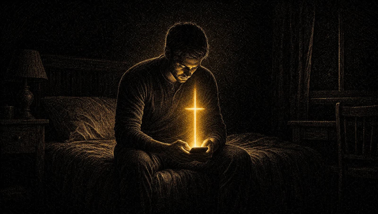 A man holding a phone with a cross of light rising from the screen — Christian apps to quit porn.