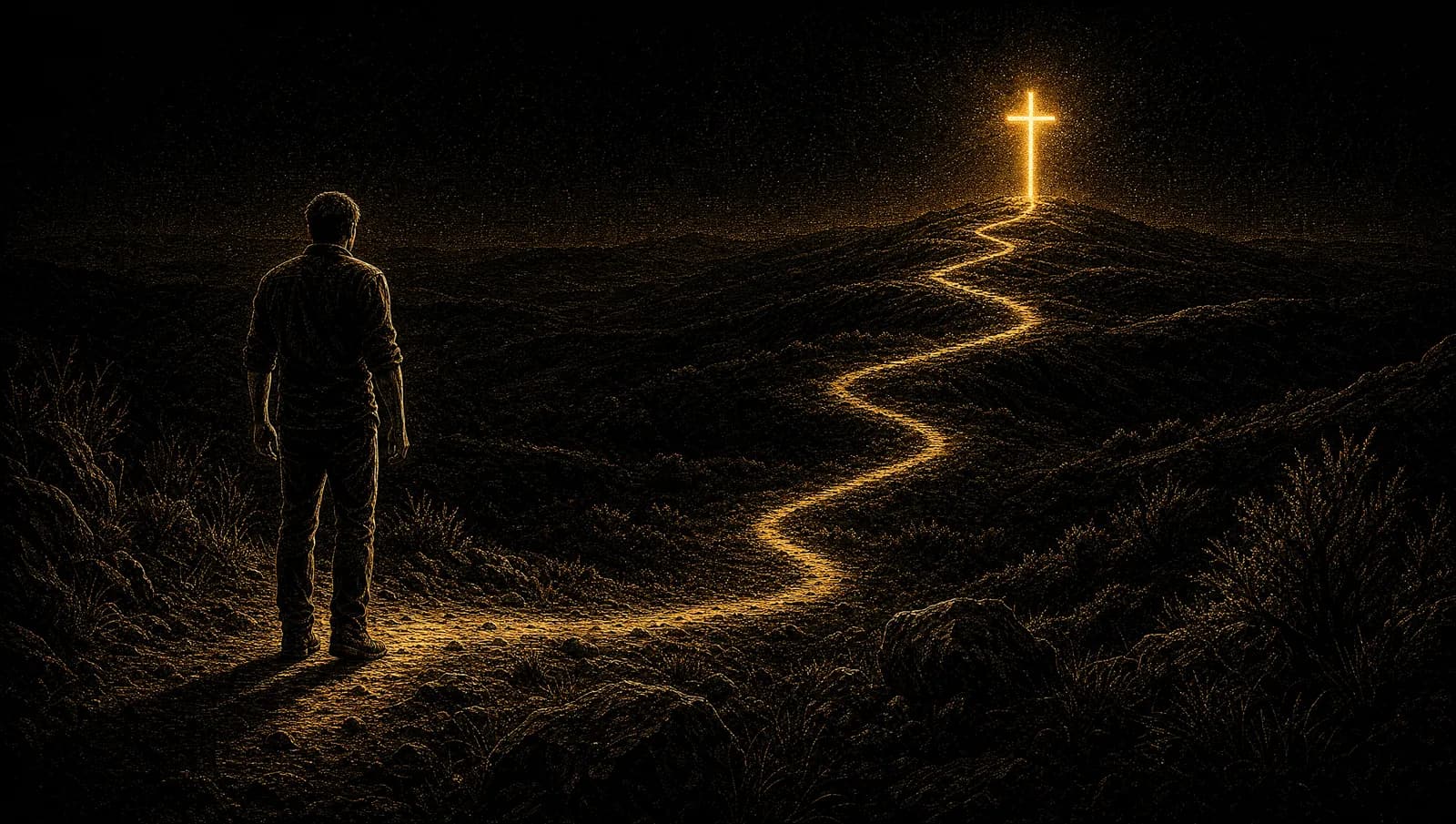 A man at the start of a long lit path winding across dark hills toward a glowing cross — the Christian porn recovery journey.