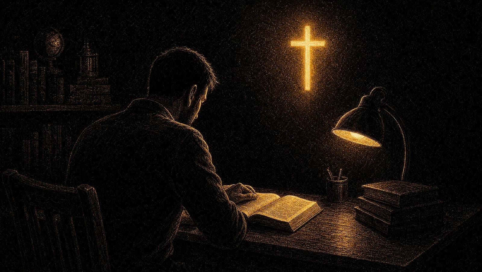 A man studying Scripture at a lamplit desk — weighing whether porn addiction is real.