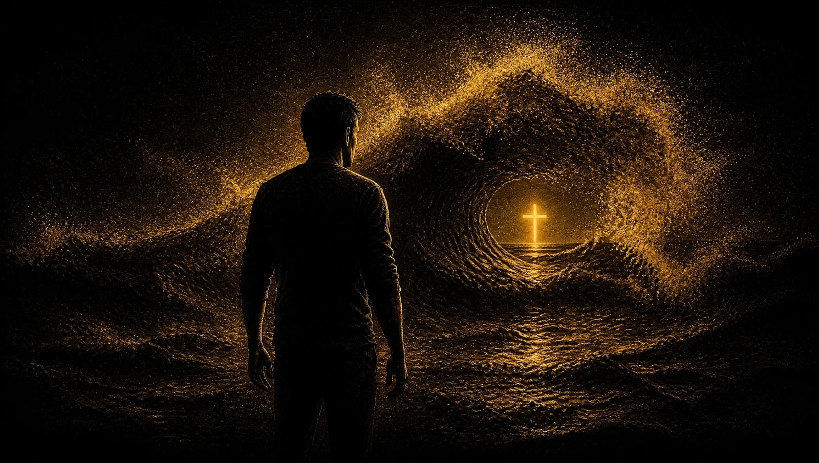 A man standing before a cresting ocean wave that breaks apart into golden light — how long a porn urge actually lasts.