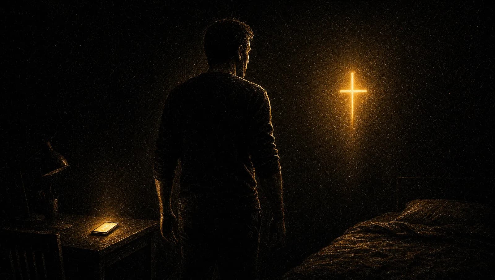 A man turning away from his glowing phone toward a lit cross — stopping a porn urge in the moment.