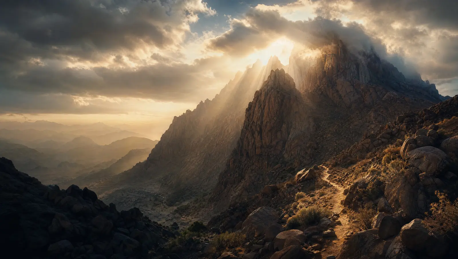 The granite summit of Mount Sinai wrapped in a glowing cloud at first light, shafts of sun breaking through onto the boulders below, where God's law first named the desire behind lust.