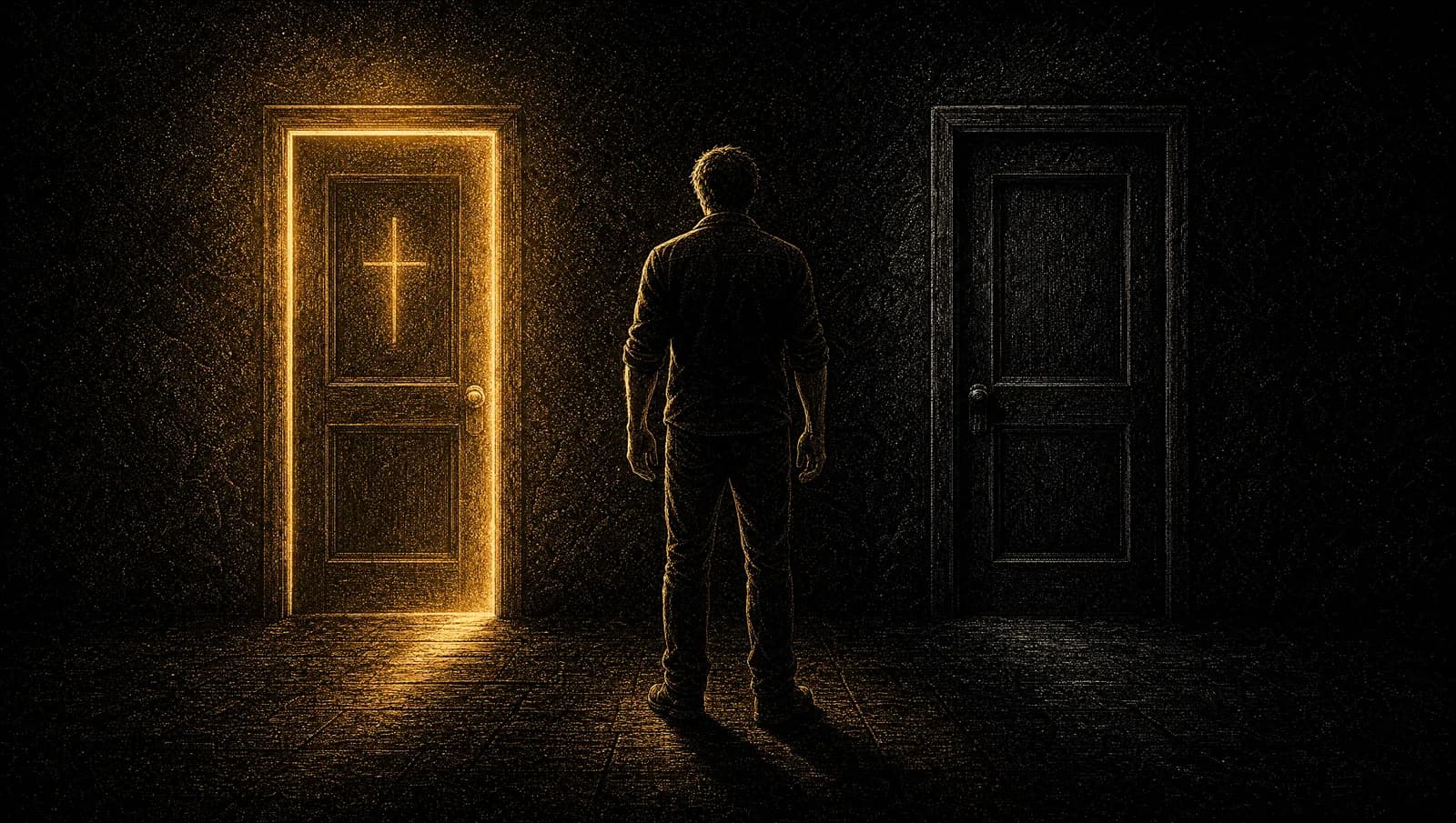 A man facing two doors, one lit with a cross — porn blocker versus real-time intervention.