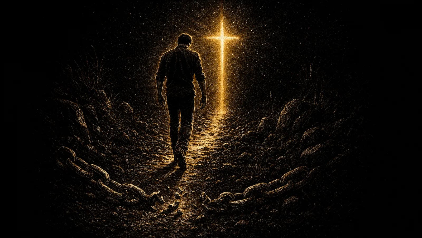 A man walking out of darkness toward a glowing cross, a broken chain behind him — breaking free from gooning.