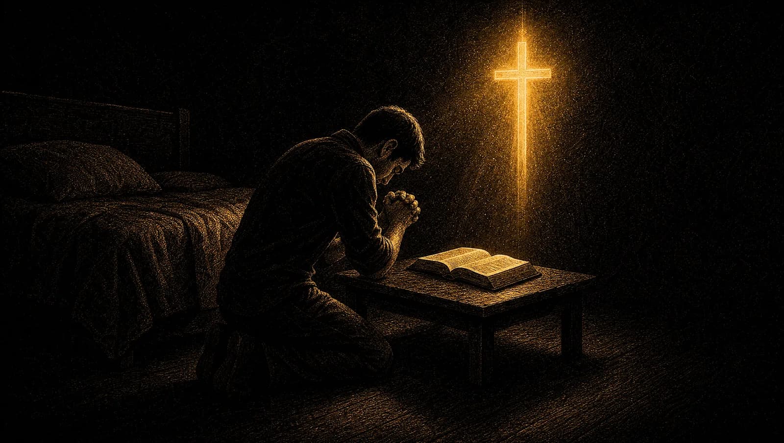 A man kneeling in prayer over an open Bible at night — praying when tempted by lust.